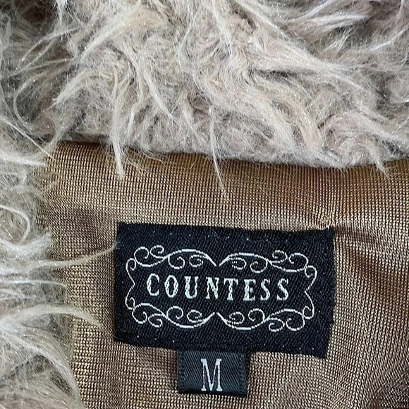 COUNTESS Faux Fur Fuzzy Zip Up Hooded Pea Coat Jacket Taupe Women Size M - Picture 15 of 16